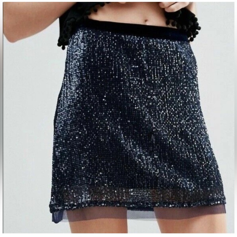 Free People Mesh Sequin Sparkling Midnight Mini Skirt
